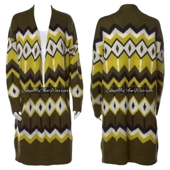 Scoop olive/chartreuse chevron long sweater duster cardigan *shop@iamwarrior - Picture 3 of 11